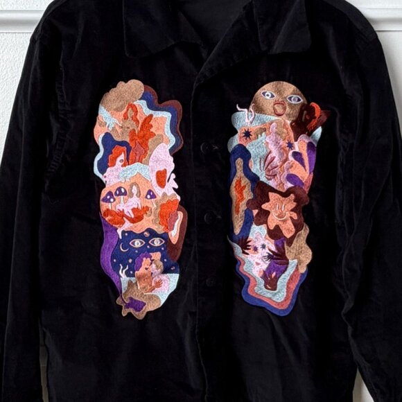 Carne Bollente Black Velvet Shirt Embroidered Erotic Graphic Button Front Sz M - Picture 6 of 8